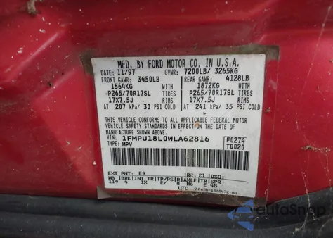 1998 Ford Expedition из США, поврежденный, VIN 1FMPU18L0WLA62816